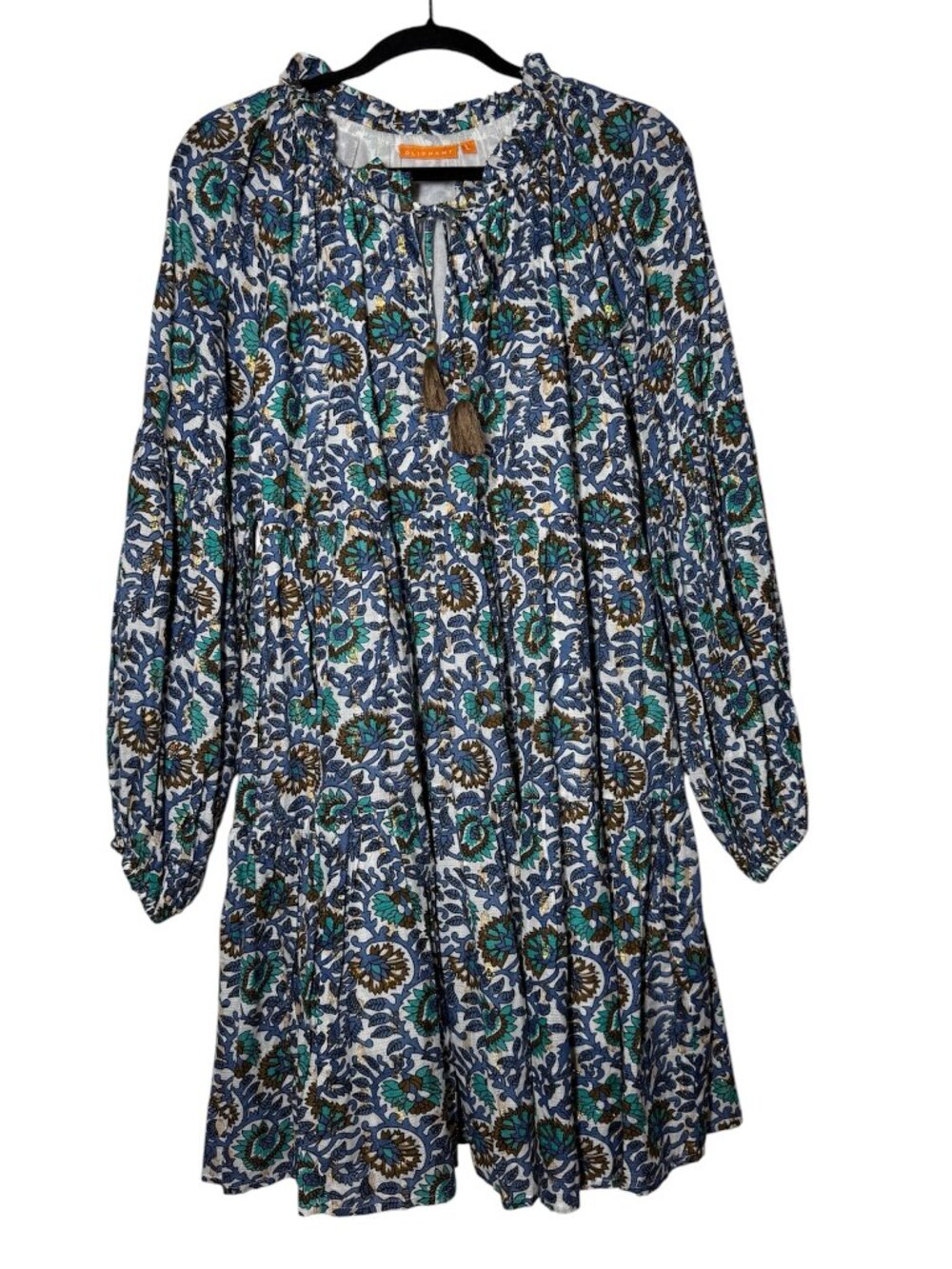 Oliphant Balloon Sleeve Mini Dress Napa Blue Gold Green Size Large Tassels - Picture 1 of 10